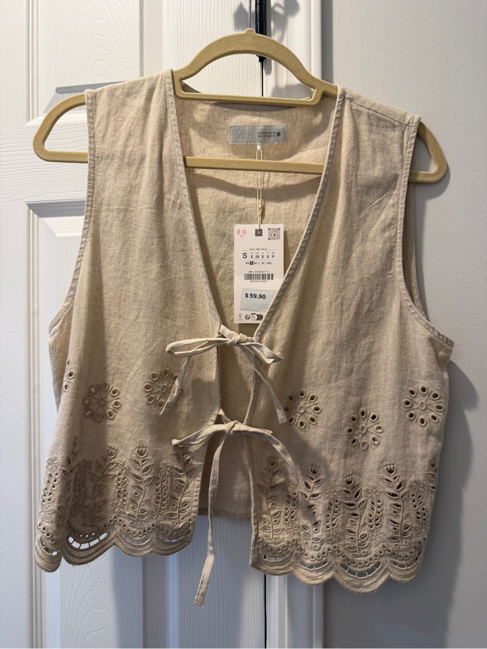 NWT Light Beige Embroidered Tie-Front Vest - Zara